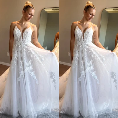 Elegant Wedding Dresses Spaghetti Straps V Neck Sweep Train A Line Bridal Gowns - Image 1 of 4