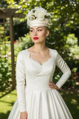 De colección Años 50 Para Mujer Pastillero Vestido Sombrero Satinado Seda Flores Boda Formal Novia Foto 1 de 3