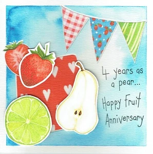 TARJETA 4º ANIVERSARIO 4 Años como Pera... Feliz Aniversario Fruta - Imagen 1 de 2