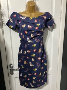BELLE POQUE size 6 navy blue birds print dress off shoulder pencil style dressy - Picture 1 of 19