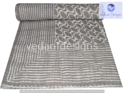 Indian Reversible Block Kantha Quilt Grey Queen Blanket Throw Art - Image 1 of 4