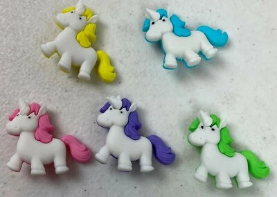 5 Unicorn Shank Buttons 1" Longl Plastic White w/Colors NEW  #21E - Image 1 of 4