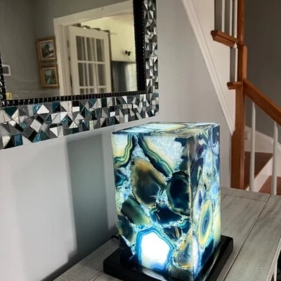 4"x4"x6" Natural Blue Agate Stone Lighting Lamp Handmade Bedroom Night Lamp Deco - Image 1 of 4