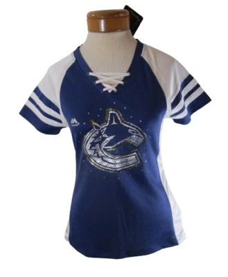 NWT Majestic Vancouver Canucks NHL Womens Shimmer Lace-Up Top XXL Blue MSRP$50 - Image 1 of 2