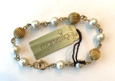 Pulsera Marvella Vintage Años 60 Oro Imitación Perla y Tono Dorado 7" Nueva con Etiqueta Foto 1 de 4