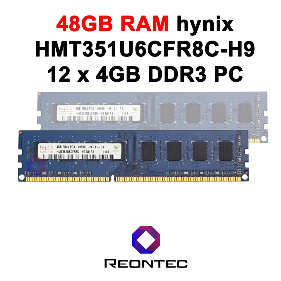 12X 4GB (48GB) RAM PC Hynix PC3 - 10600U DDR3 HMT351U6CFR8C-H9 2Rx8 - Immagine 1 di 1