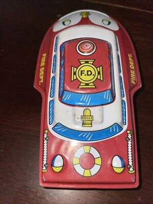 TOY FIRE DEPT BOAT by Schylling 2013 Inertia Wheels * Tin Red/White 4.5" long - Image 1 of 4
