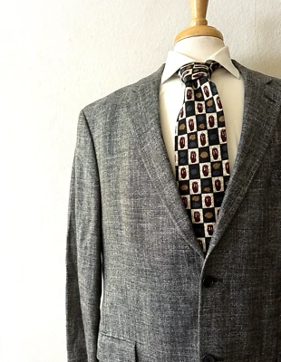 Chaqueta Abrigo Deportivo Tallia 46L Larga Seda-Lino-Bambú Gris Texturizado Tejido Italiano Foto 1 de 4