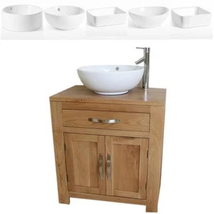 Bathroom Vanity Unit | Solid Oak Single Sink Cabinet | Ceramic Basin Tap & Plug - Picture 1 of 18