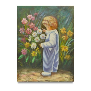 NY Art - 12x16 Volkskunst Blumenkind Original Ölgemälde auf Leinwand - Sale! - Bild 1 von 3