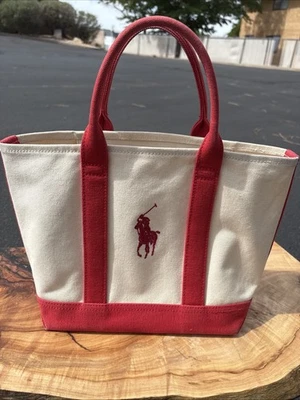 Ralph Lauren Big Pony White Red Striped Canvas Tote Bag 10"Lx9"Hx5"D Old Money - Image 1 of 4