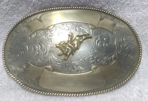 Montana Silversmiths Buckle Huge Bull Rider Nickel Gold Dual Banner Vintage 90s - Bild 1 von 13