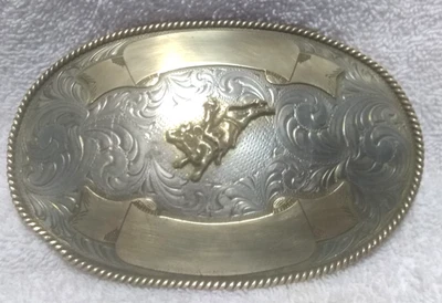 Montana Silversmiths Buckle Huge Bull Rider Nickel Gold Dual Banners Vintage 90s - Image 1 of 4