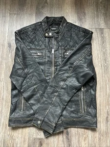 Barneys Originals Mens Black Leather Biker Jacket Size L Quilted 42 Chest - Picture 1 of 17