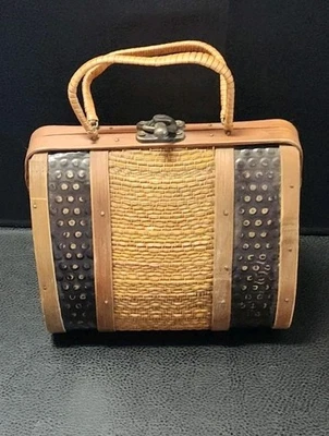 Bolso sin asas vintage de bambú ratán madera metal concha de almeja bolso de mano boho Foto 1 de 4