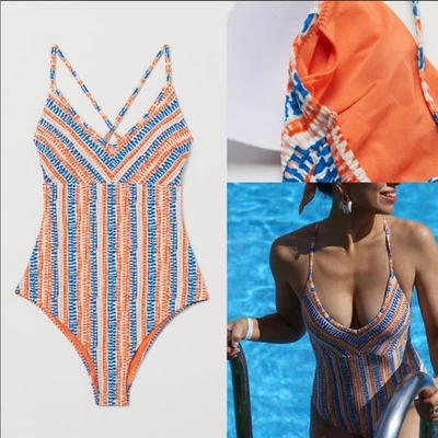 Traje de baño LEMLEM x H&M de una pieza a rayas azul naranja Seersucker talla pequeña Foto 1 de 4