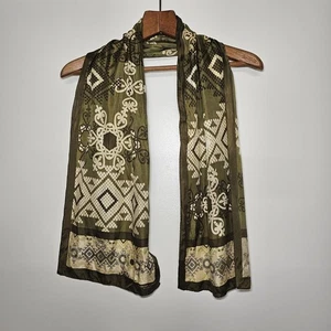 Adrienne Landau Silk Scarf 52" X 11" Olive Green And Cream - Picture 1 of 12