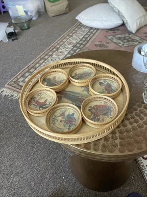 VINTAGE RETRO JAPANESE DECORATIVE 1970'S BAMBOO WOOD GEISHA SERVING TRAY COASTER - image 1 of 4