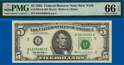 1995 $5 Federal Reserve Note PMG 66EPQ 2nd highest graded BE block Fr 1984-B - Image 1 of 3