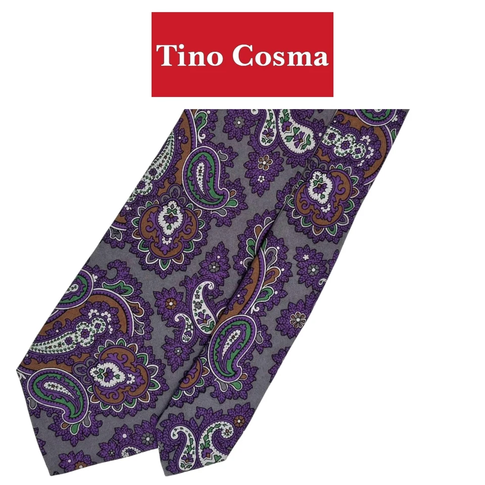Corbata Gris Tino Cosma - Corbata Italia Seda Verde Morado Marrón Paisley Patrón Floral Foto 1 de 4