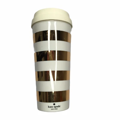 Kate Spade Travel Cup Tumbler with Lid.  Gold Stripe / Off-White Cream.  Two Ton - Image 1 of 4