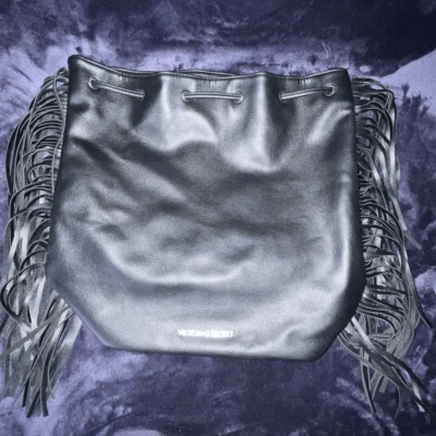 Victorias Secret Women’s Bucket Bag with Fringe Black Drawstring Sexy Backpack - Image 1 of 4