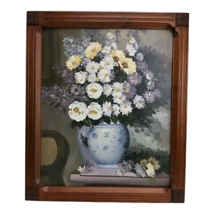Vintage Original Oil Painting Flowers In Blue White Vase Framed Canvas D. Goetz - Picture 1 of 12