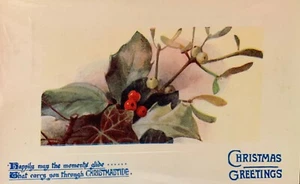 Christmas Greetings Holly Flower Happily May the Moments Glide Postcard - Picture 1 of 2