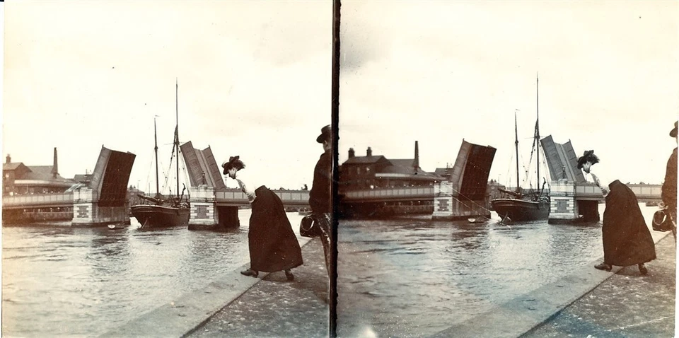 Fotografía estereoscópica original amateur c1900 puente basculante doble muñón Foto 1 de 1