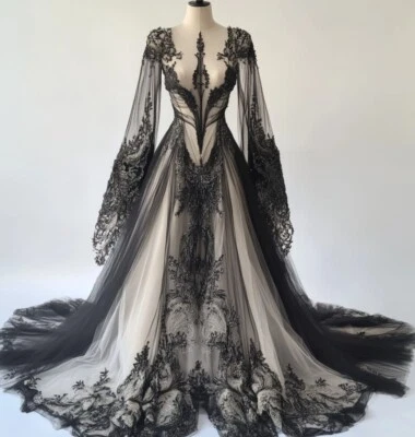 Gothic Black Wedding Dresses Long Sleeves Sweep Train Lace Applique Bridal Gowns - Image 1 of 4