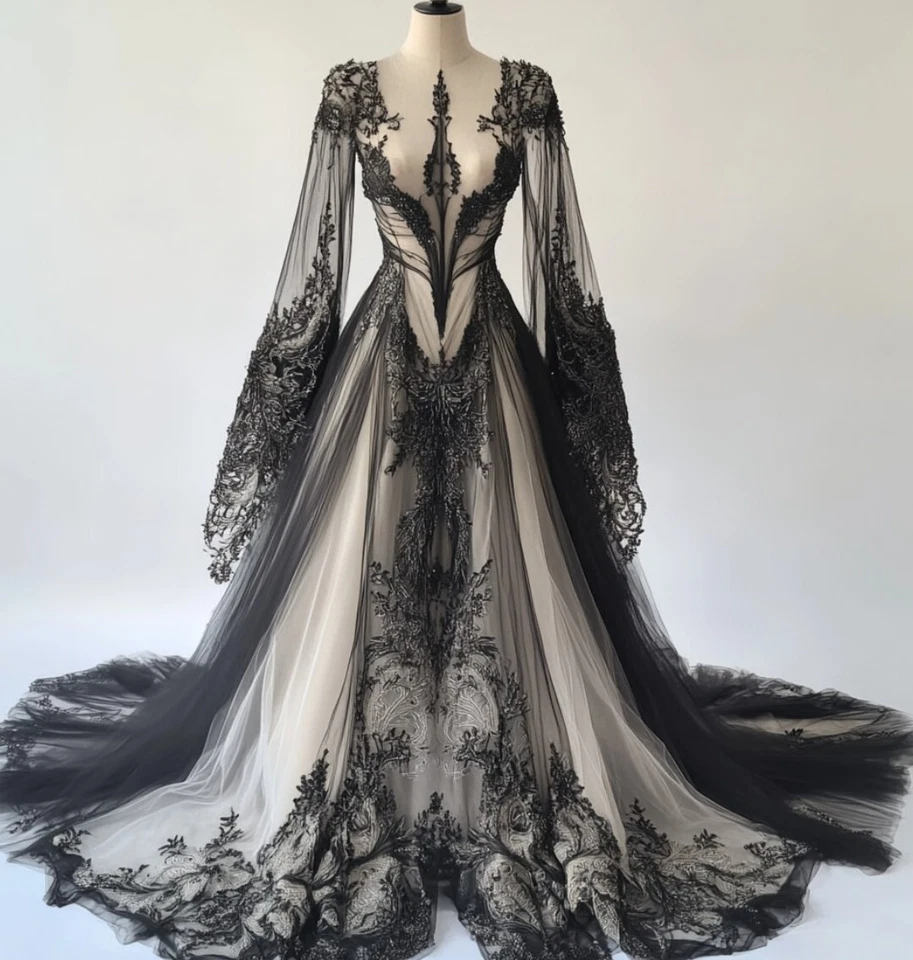 Gothic Black Wedding Dresses Long Sleeves Sweep Train Lace Applique Bridal Gowns - Image 1 of 4