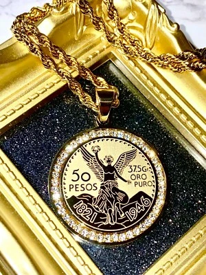 Collar colgante moneda peso oro mexicano 50 pesos, cadena 16-24 pulgadas agradable para la piel Foto 1 de 4