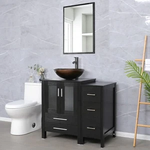 36" Black Bathroom Vanity Set Small Cabinet Vessel Glass Sink Combo No Mirror - Picture 1 of 9