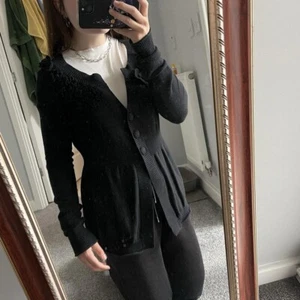 DKNY Womens Cardigan Sweater Black S Ribbed Knit Round Neck Cotton Ruffles SH809 - Picture 1 of 8