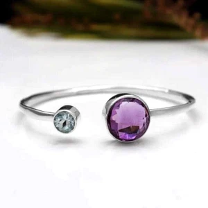 Amethyst & Blue Topaz Open Cuff Bangle Bracelet  Silver Adjustable Cuff Jewelry - Picture 1 of 6