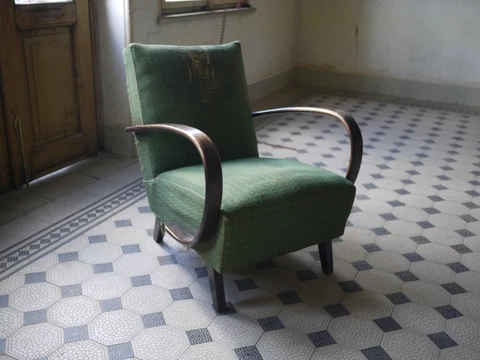 halabala Vintage Mid Century Green Arm Chair | Czechoslovakia | Single Piece Cover
