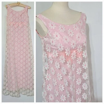 Maxi Vestido Imperio Vintage Años 60 Rosa Fiesta Margarita Superposición XS Foto 1 de 4