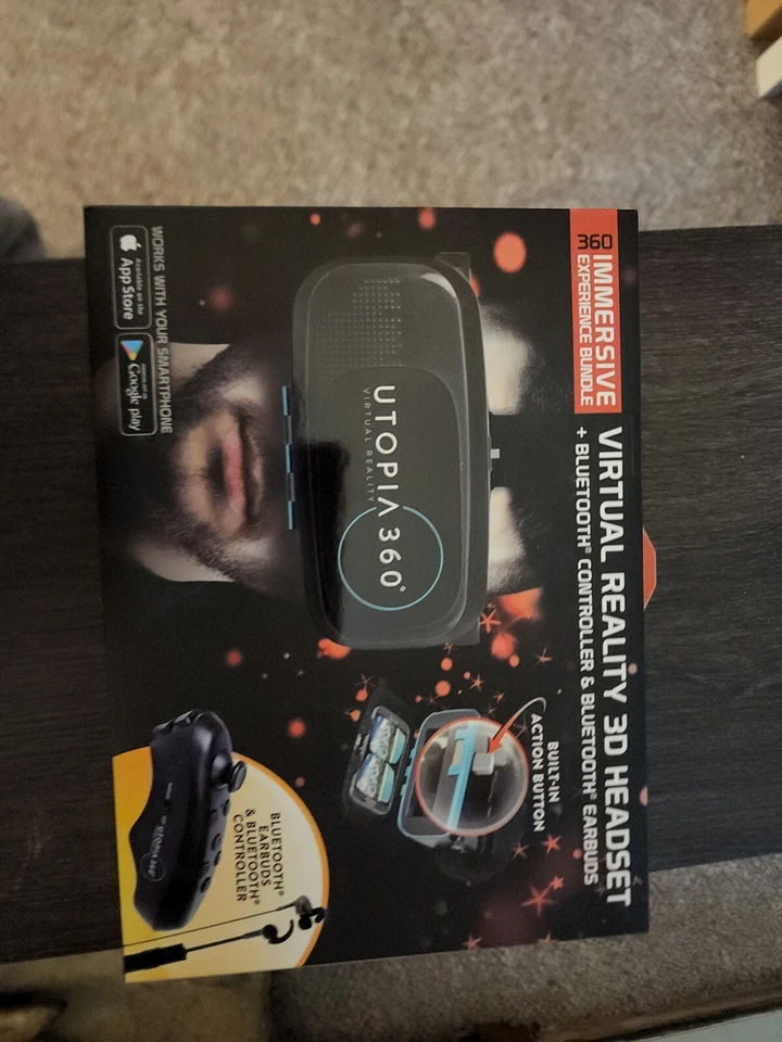 Utopia ReTrak 360 Degree 3D VR Headset Bundle Bluetooth Earbuds & Controller NIB - Image 1 of 2