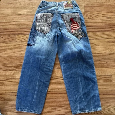 VTG Akademiks Jean Kids 12 Baggy Wide Leg Skater Y2K 90s Hip Hop Embroidered - Image 1 of 4