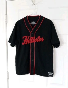 Hollister Black Baseball Jersey Button Up Short Sleeve Shirt Men's Size Large  - Picture 1 of 6
