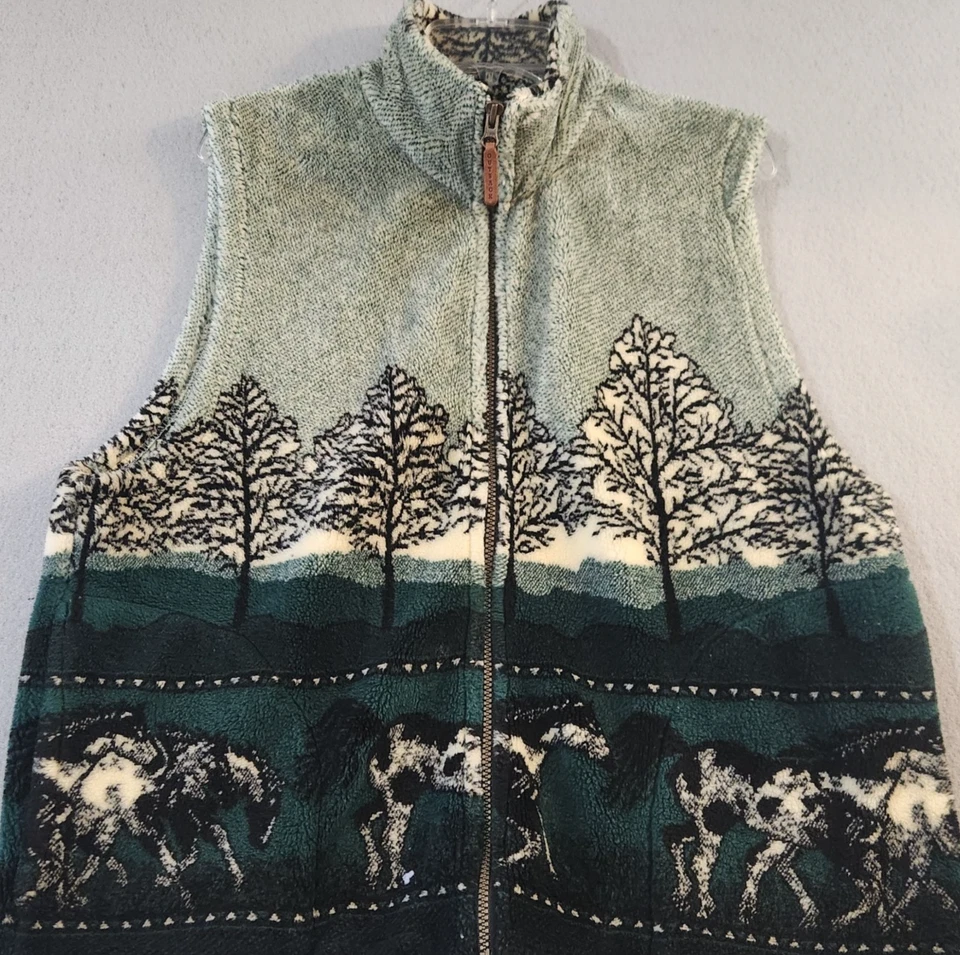 Vtg Outback Trading Vest Adult M Green Horse Graphic Fleece Cowboy Western Rodeo - Image 1 of 4