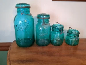 Vintage Ball Ideal Mason Jars Bicentennial Eagle Teal Color Wire Bail ~ Set of 4 - Picture 1 of 8