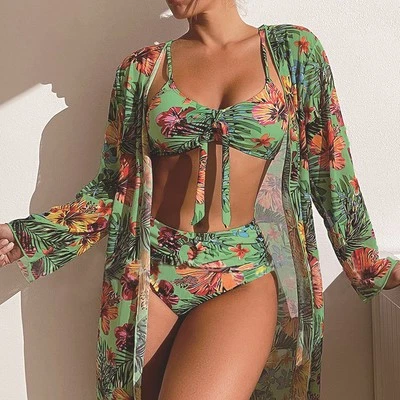 Long Blouse Beach Cover & Split Bikini Swimsuit Set for Women - Image 1 of 3