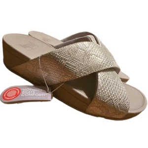FitFlop Womens Lulu PYTHON Slide Sandals Size 8 Beige Criss Cross Comfort NEW - Picture 1 of 8