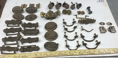 Lot Of Antique Hardware Drawer Pulls, Knobs, Key Holes, Castors - Image 1 of 4