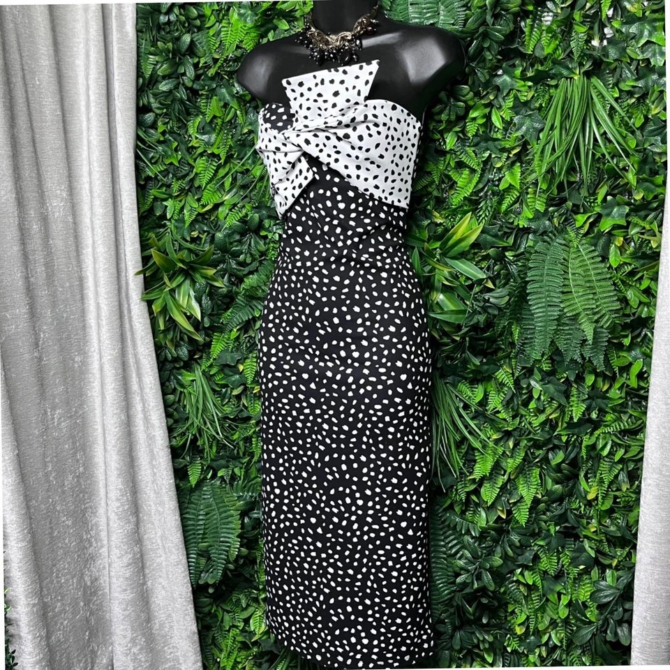 Vestido Topshop Talla 8 Lazo Midi Fiesta Cóctel Negro Blanco Lunares Sin Tirantes 2970 Foto 1 de 4