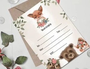 6 Woodland Forest Animal Invitations & Envelopes Christening Birthday BabyShower - Picture 1 of 4