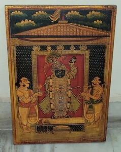 Old Collectible Hand Painted Shrinathji Krishna Wooden Takhti Panel Wall Decor - Picture 1 of 4