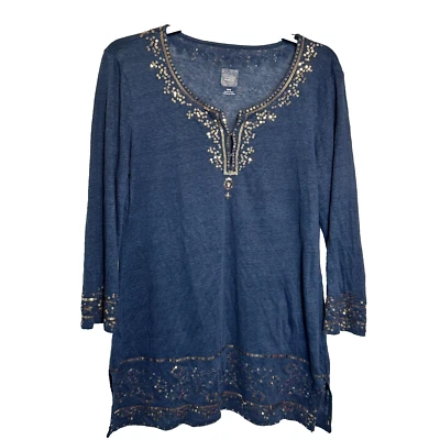 Blusa de lino azul Saks Fifth Avenue talla M azul marino dorado lentejuelas manga 3/4 Foto 1 de 4