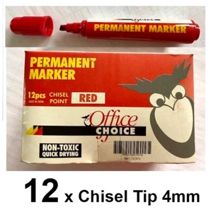 12 x OFFICE CHOICE OC973 CHISEL POINT 4mm PERMANENT MARKERS RED 02E070 - Picture 1 of 2